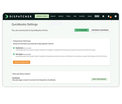 View of Quickbooks Integration With Dispatcher.com.