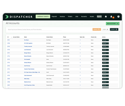 List of Accounts in Dispatcher.com's Asset Management Tool.