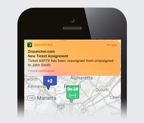 Smartphone View of Notification Update for Ticket Reassignments.